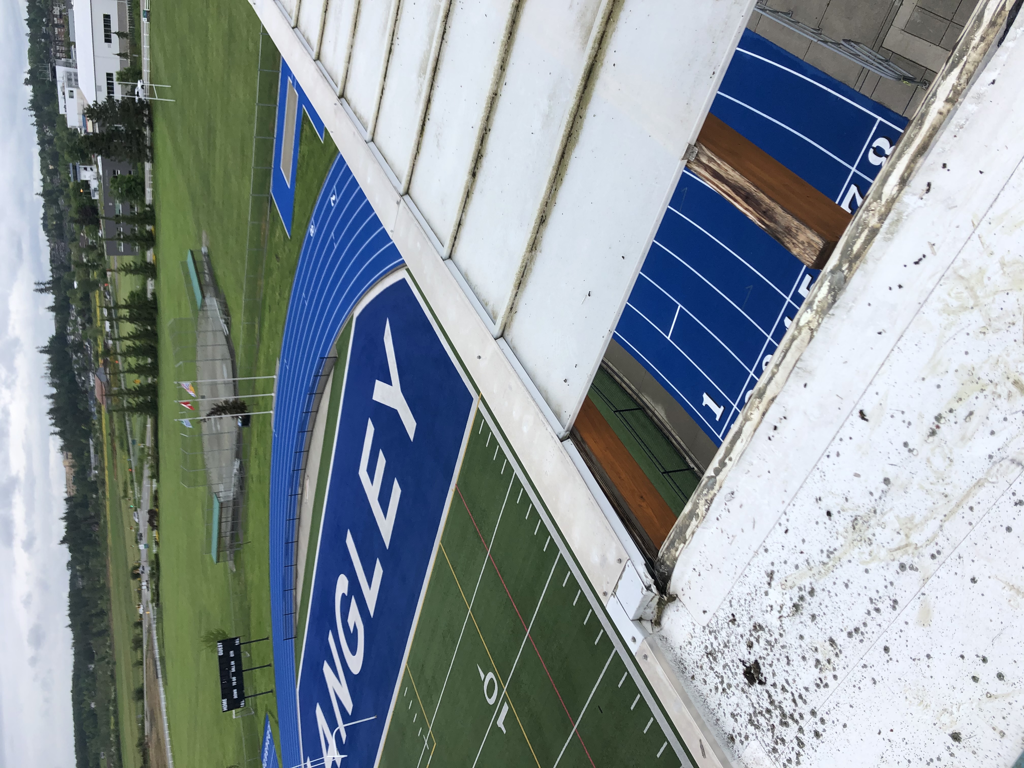 Existing skylight removal area above the running track at McLeod Athletic Park in Langley, B.C.