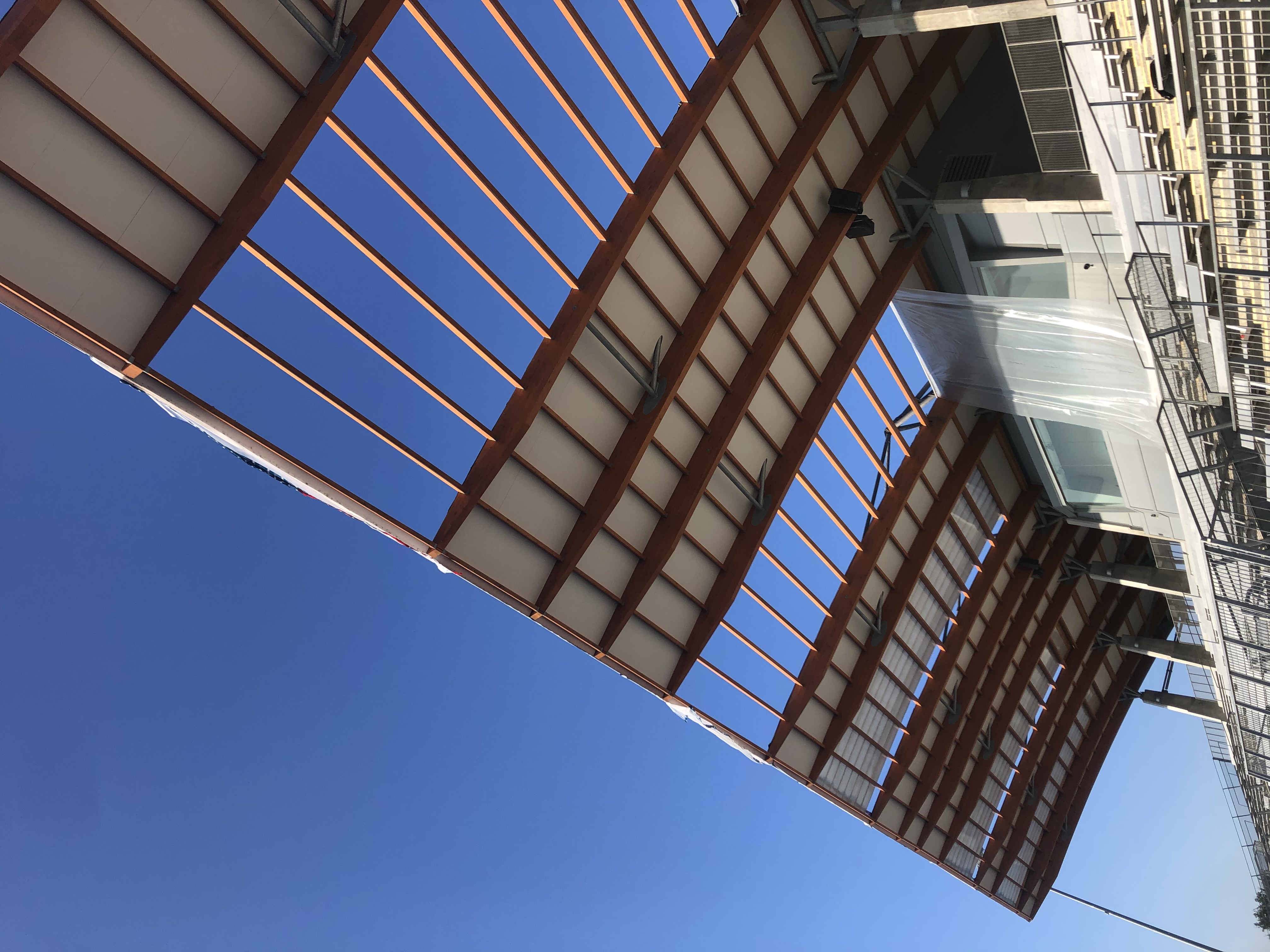 Installation of new translucent skylight panels over the grandstand at McLeod Athletic Park